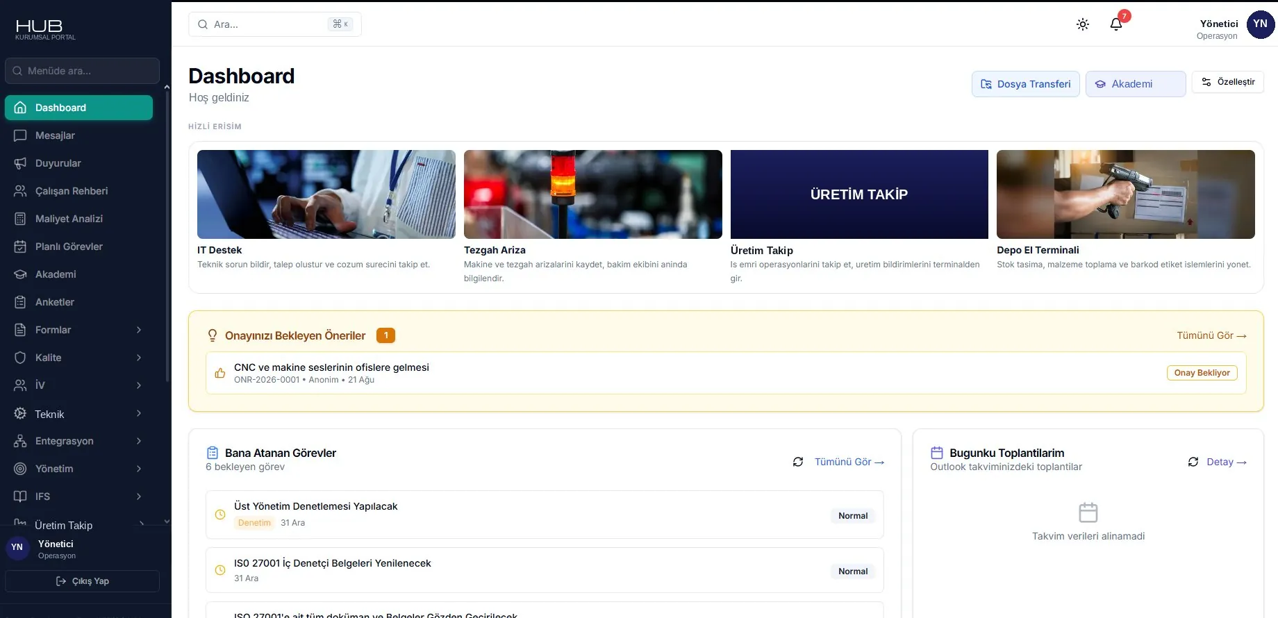 İK ve İV süreçlerini içeren kurumsal portal ekranı